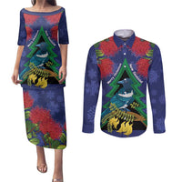 New Zealand Christmas In July Couples Matching Puletasi and Long Sleeve Button Shirt Kowhai Tui Bird With Pohutukawa - Blue LT14 Blue - Polynesian Pride