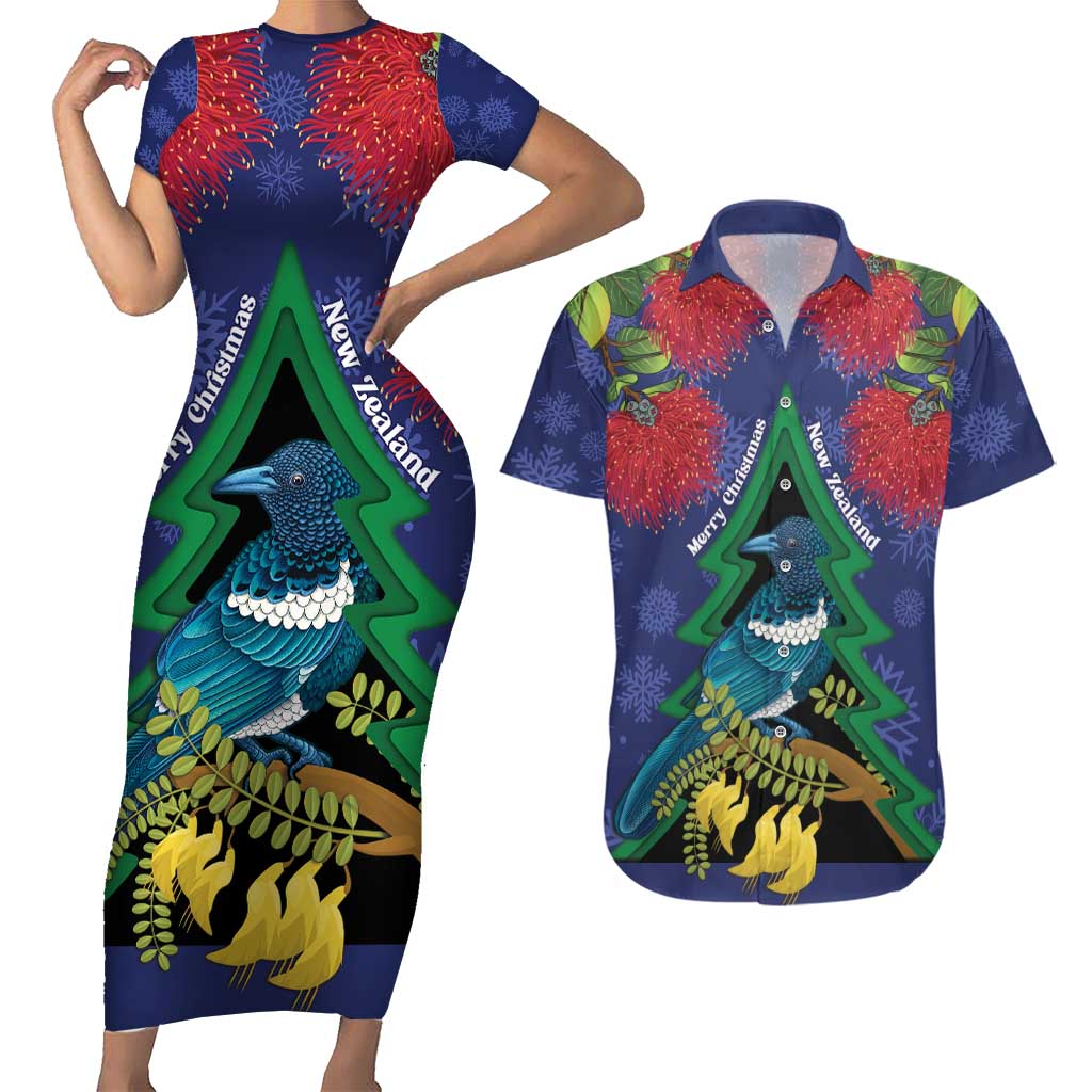 New Zealand Christmas In July Couples Matching Short Sleeve Bodycon Dress and Hawaiian Shirt Kowhai Tui Bird With Pohutukawa - Blue LT14 Blue - Polynesian Pride