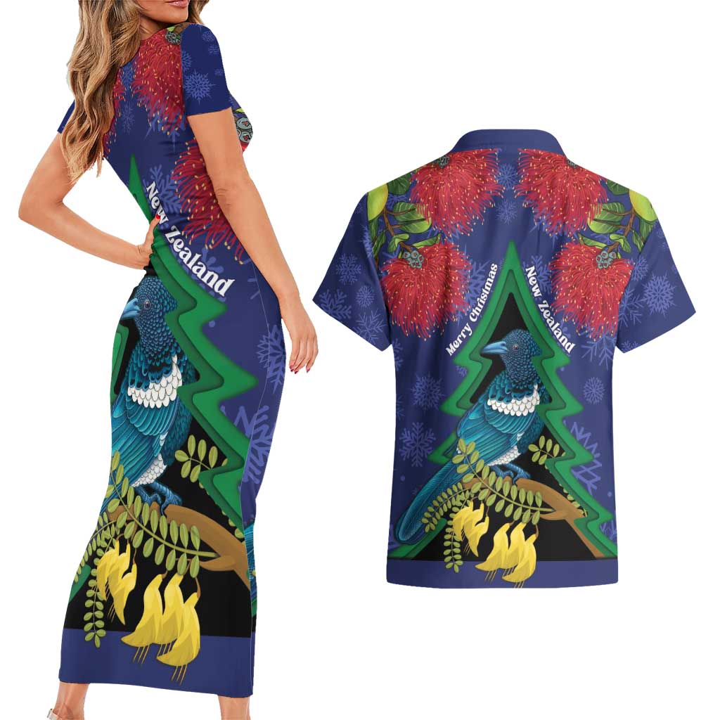 New Zealand Christmas In July Couples Matching Short Sleeve Bodycon Dress and Hawaiian Shirt Kowhai Tui Bird With Pohutukawa - Blue LT14 - Polynesian Pride