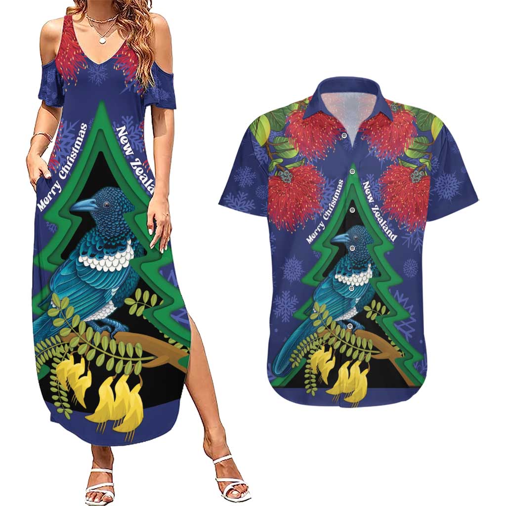New Zealand Christmas In July Couples Matching Summer Maxi Dress and Hawaiian Shirt Kowhai Tui Bird With Pohutukawa - Blue LT14 Blue - Polynesian Pride