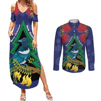 New Zealand Christmas In July Couples Matching Summer Maxi Dress and Long Sleeve Button Shirt Kowhai Tui Bird With Pohutukawa - Blue LT14 Blue - Polynesian Pride