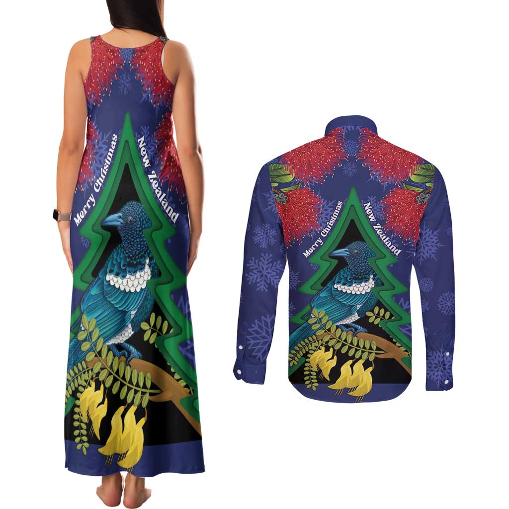 New Zealand Christmas In July Couples Matching Tank Maxi Dress and Long Sleeve Button Shirt Kowhai Tui Bird With Pohutukawa - Blue LT14 - Polynesian Pride