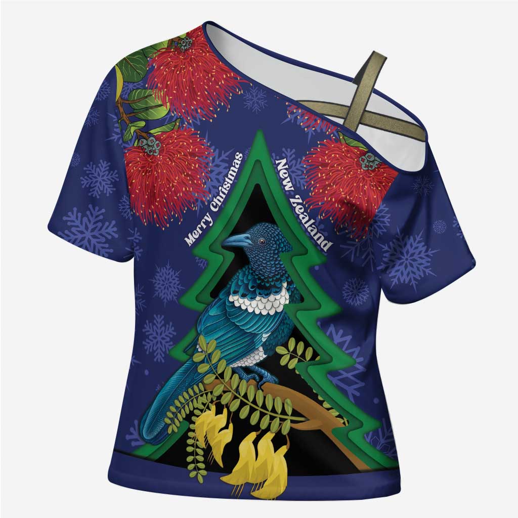 New Zealand Christmas In July Cross Shoulder Shirt Kowhai Tui Bird With Pohutukawa - Blue - Polynesian Pride