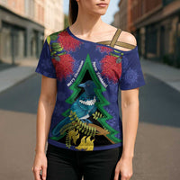 New Zealand Christmas In July Cross Shoulder Shirt Kowhai Tui Bird With Pohutukawa - Blue LT14 - Polynesian Pride