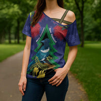 New Zealand Christmas In July Cross Shoulder Shirt Kowhai Tui Bird With Pohutukawa - Blue LT14 - Polynesian Pride