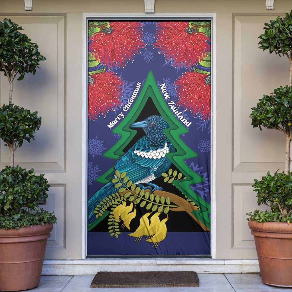 New Zealand Christmas In July Door Cover Kowhai Tui Bird With Pohutukawa - Blue LT14 Blue - Polynesian Pride