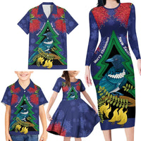 New Zealand Christmas In July Family Matching Long Sleeve Bodycon Dress and Hawaiian Shirt Kowhai Tui Bird With Pohutukawa - Blue LT14 - Polynesian Pride