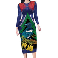 New Zealand Christmas In July Family Matching Long Sleeve Bodycon Dress and Hawaiian Shirt Kowhai Tui Bird With Pohutukawa - Blue LT14 Mom's Dress Blue - Polynesian Pride