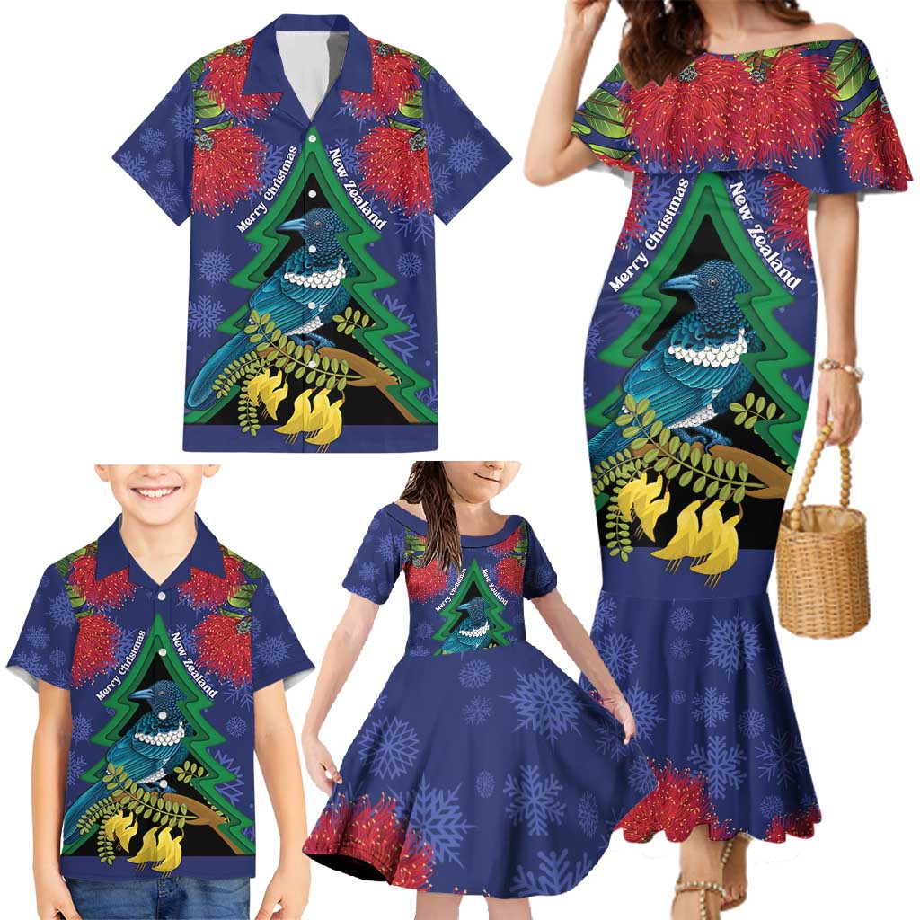 New Zealand Christmas In July Family Matching Mermaid Dress and Hawaiian Shirt Kowhai Tui Bird With Pohutukawa - Blue LT14 - Polynesian Pride