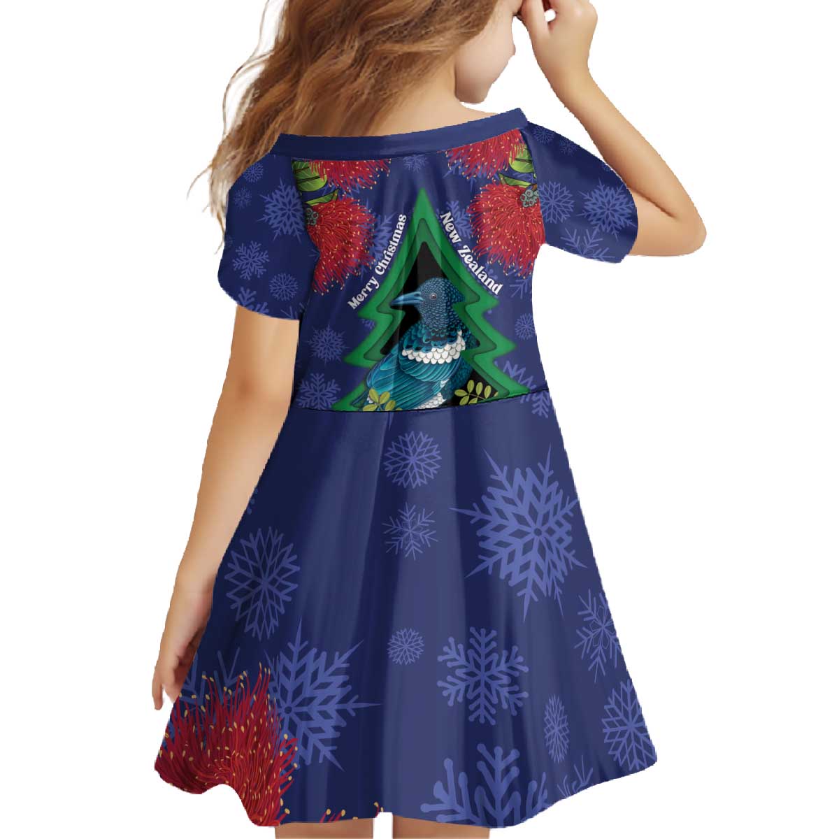 New Zealand Christmas In July Family Matching Off The Shoulder Long Sleeve Dress and Hawaiian Shirt Kowhai Tui Bird With Pohutukawa - Blue LT14 - Polynesian Pride