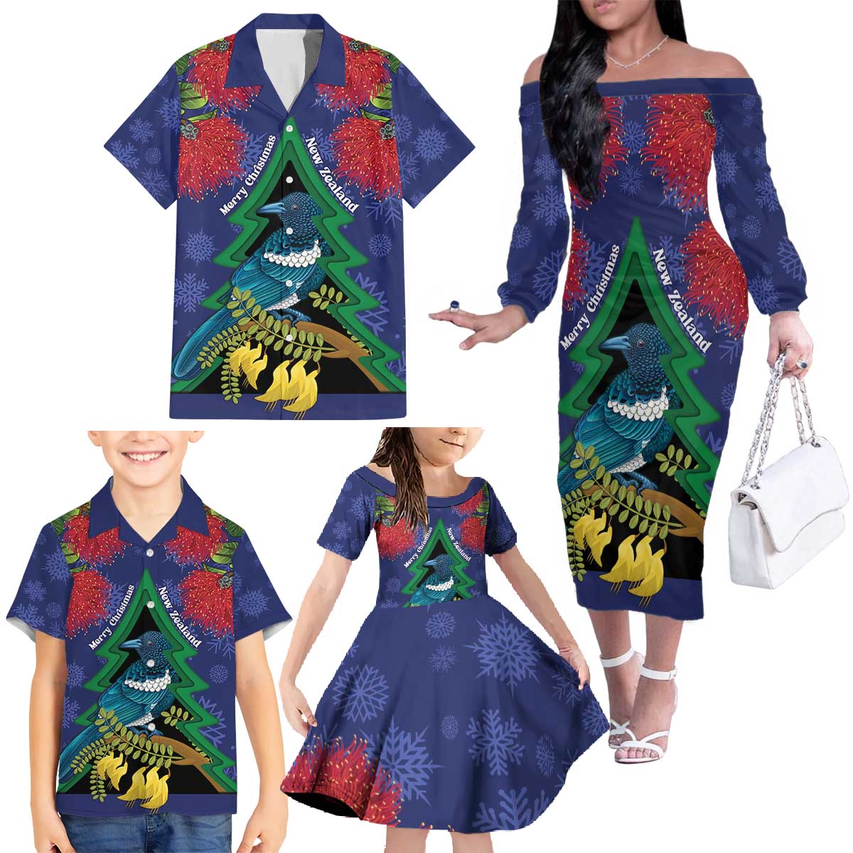New Zealand Christmas In July Family Matching Off The Shoulder Long Sleeve Dress and Hawaiian Shirt Kowhai Tui Bird With Pohutukawa - Blue LT14 - Polynesian Pride