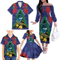 New Zealand Christmas In July Family Matching Off The Shoulder Long Sleeve Dress and Hawaiian Shirt Kowhai Tui Bird With Pohutukawa - Blue LT14 - Polynesian Pride