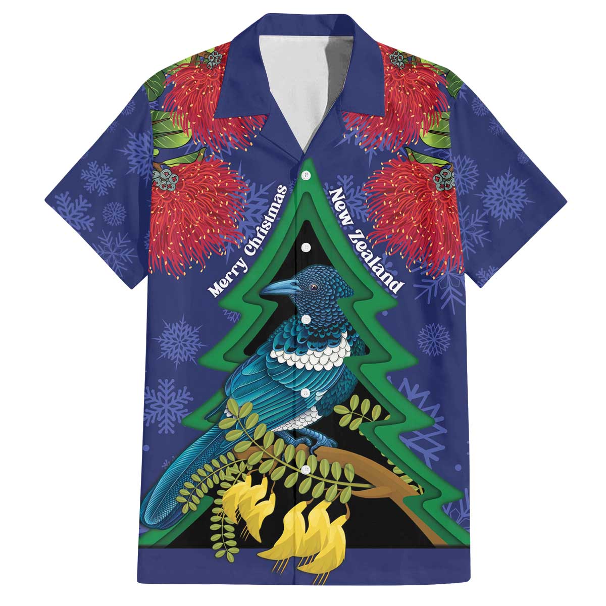 New Zealand Christmas In July Family Matching Off The Shoulder Long Sleeve Dress and Hawaiian Shirt Kowhai Tui Bird With Pohutukawa - Blue LT14 Dad's Shirt - Short Sleeve Blue - Polynesian Pride