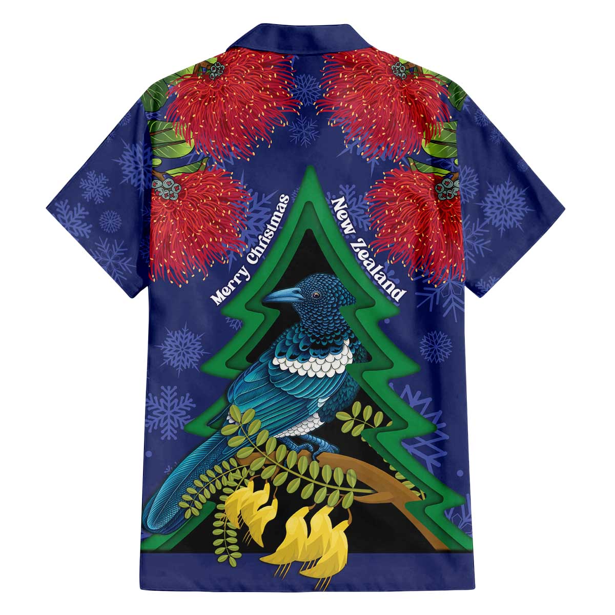 New Zealand Christmas In July Family Matching Off The Shoulder Long Sleeve Dress and Hawaiian Shirt Kowhai Tui Bird With Pohutukawa - Blue LT14 - Polynesian Pride