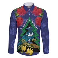 New Zealand Christmas In July Family Matching Off The Shoulder Long Sleeve Dress and Hawaiian Shirt Kowhai Tui Bird With Pohutukawa - Blue LT14 Dad's Shirt - Long Sleeve Blue - Polynesian Pride