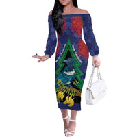 New Zealand Christmas In July Family Matching Off The Shoulder Long Sleeve Dress and Hawaiian Shirt Kowhai Tui Bird With Pohutukawa - Blue LT14 Mom's Dress Blue - Polynesian Pride