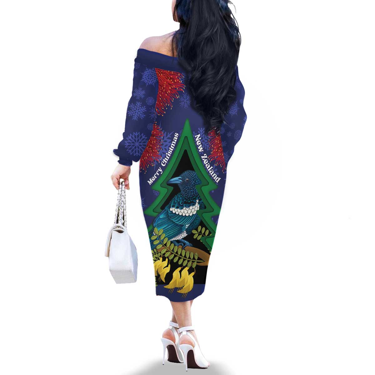 New Zealand Christmas In July Family Matching Off The Shoulder Long Sleeve Dress and Hawaiian Shirt Kowhai Tui Bird With Pohutukawa - Blue LT14 - Polynesian Pride