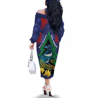 New Zealand Christmas In July Family Matching Off The Shoulder Long Sleeve Dress and Hawaiian Shirt Kowhai Tui Bird With Pohutukawa - Blue LT14 - Polynesian Pride