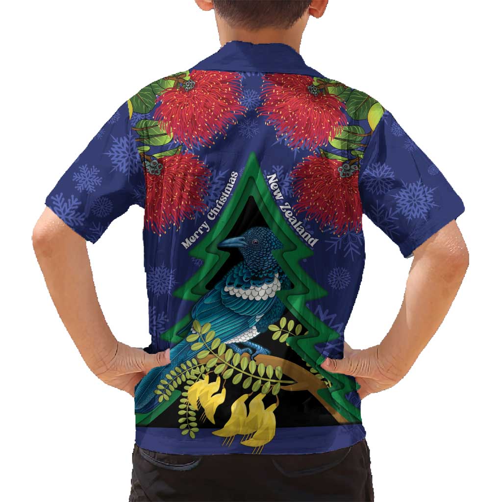 New Zealand Christmas In July Family Matching Off Shoulder Maxi Dress and Hawaiian Shirt Kowhai Tui Bird With Pohutukawa - Blue LT14 - Polynesian Pride