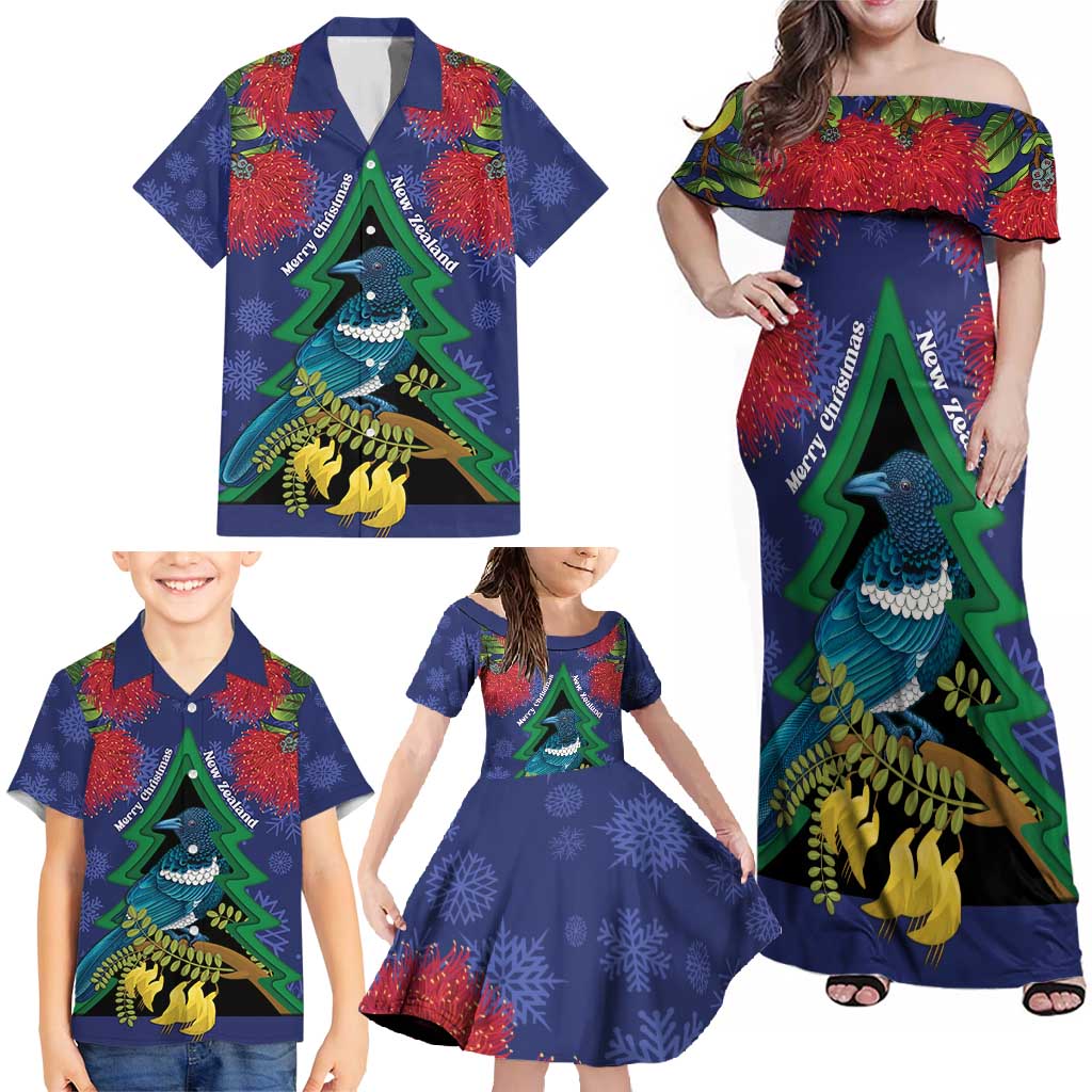 New Zealand Christmas In July Family Matching Off Shoulder Maxi Dress and Hawaiian Shirt Kowhai Tui Bird With Pohutukawa - Blue LT14 - Polynesian Pride