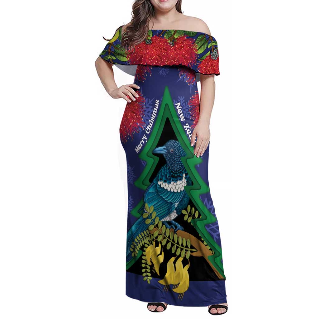 New Zealand Christmas In July Family Matching Off Shoulder Maxi Dress and Hawaiian Shirt Kowhai Tui Bird With Pohutukawa - Blue LT14 Mom's Dress Blue - Polynesian Pride