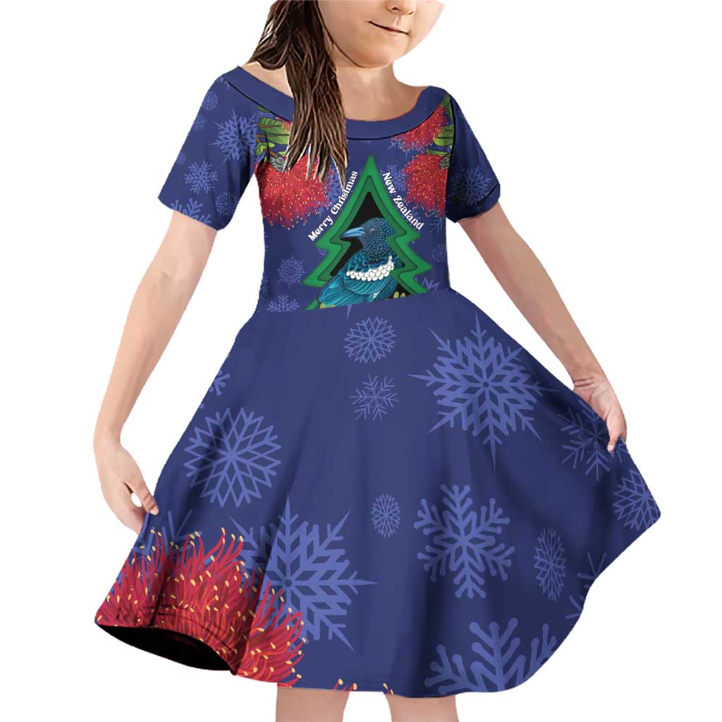 New Zealand Christmas In July Family Matching Off Shoulder Short Dress and Hawaiian Shirt Kowhai Tui Bird With Pohutukawa - Blue LT14 Daughter's Dress Blue - Polynesian Pride