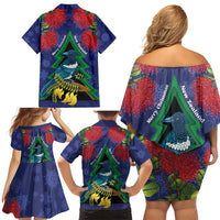 New Zealand Christmas In July Family Matching Off Shoulder Short Dress and Hawaiian Shirt Kowhai Tui Bird With Pohutukawa - Blue LT14 - Polynesian Pride