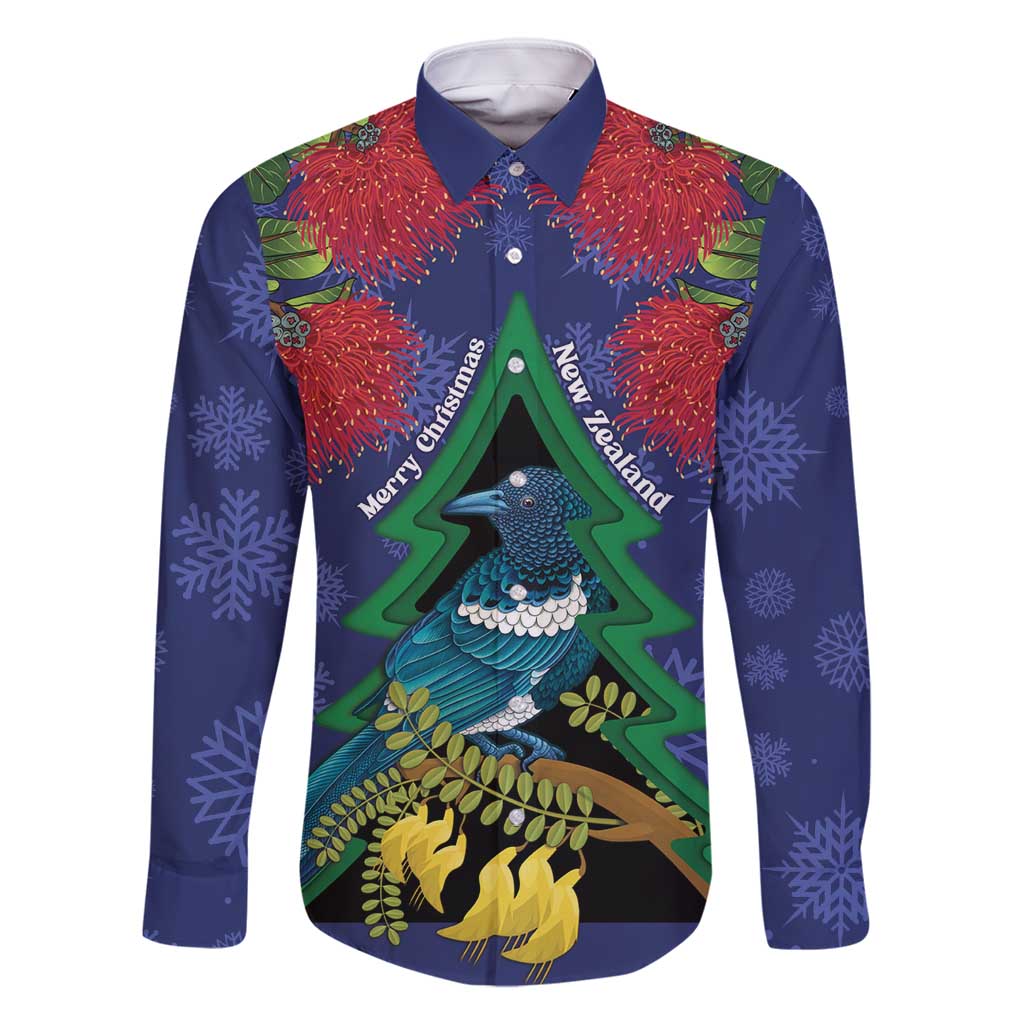 New Zealand Christmas In July Family Matching Off Shoulder Short Dress and Hawaiian Shirt Kowhai Tui Bird With Pohutukawa - Blue LT14 Dad's Shirt - Long Sleeve Blue - Polynesian Pride