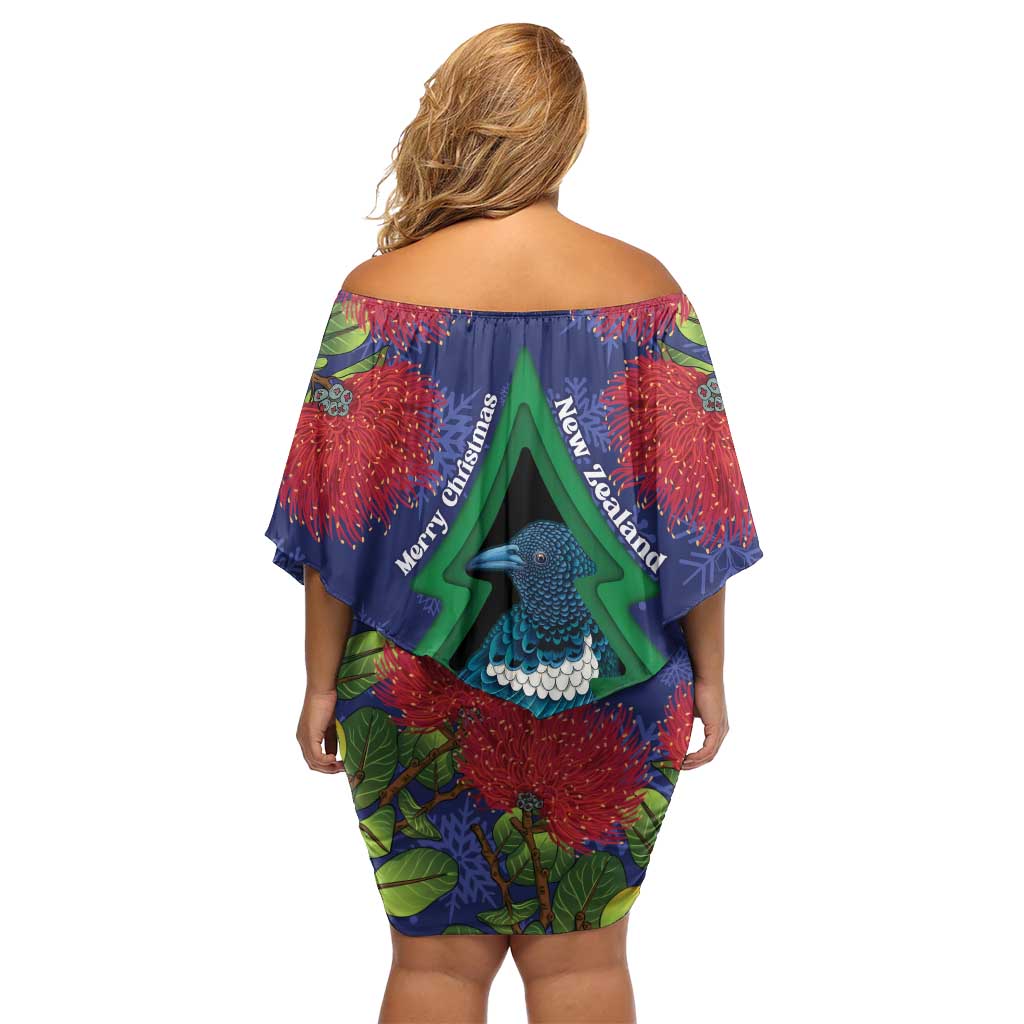 New Zealand Christmas In July Family Matching Off Shoulder Short Dress and Hawaiian Shirt Kowhai Tui Bird With Pohutukawa - Blue LT14 - Polynesian Pride