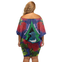New Zealand Christmas In July Family Matching Off Shoulder Short Dress and Hawaiian Shirt Kowhai Tui Bird With Pohutukawa - Blue LT14 - Polynesian Pride