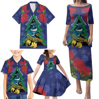 New Zealand Christmas In July Family Matching Puletasi and Hawaiian Shirt Kowhai Tui Bird With Pohutukawa - Blue LT14 - Polynesian Pride