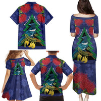 New Zealand Christmas In July Family Matching Puletasi and Hawaiian Shirt Kowhai Tui Bird With Pohutukawa - Blue LT14 - Polynesian Pride