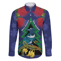 New Zealand Christmas In July Family Matching Puletasi and Hawaiian Shirt Kowhai Tui Bird With Pohutukawa - Blue LT14 Dad's Shirt - Long Sleeve Blue - Polynesian Pride