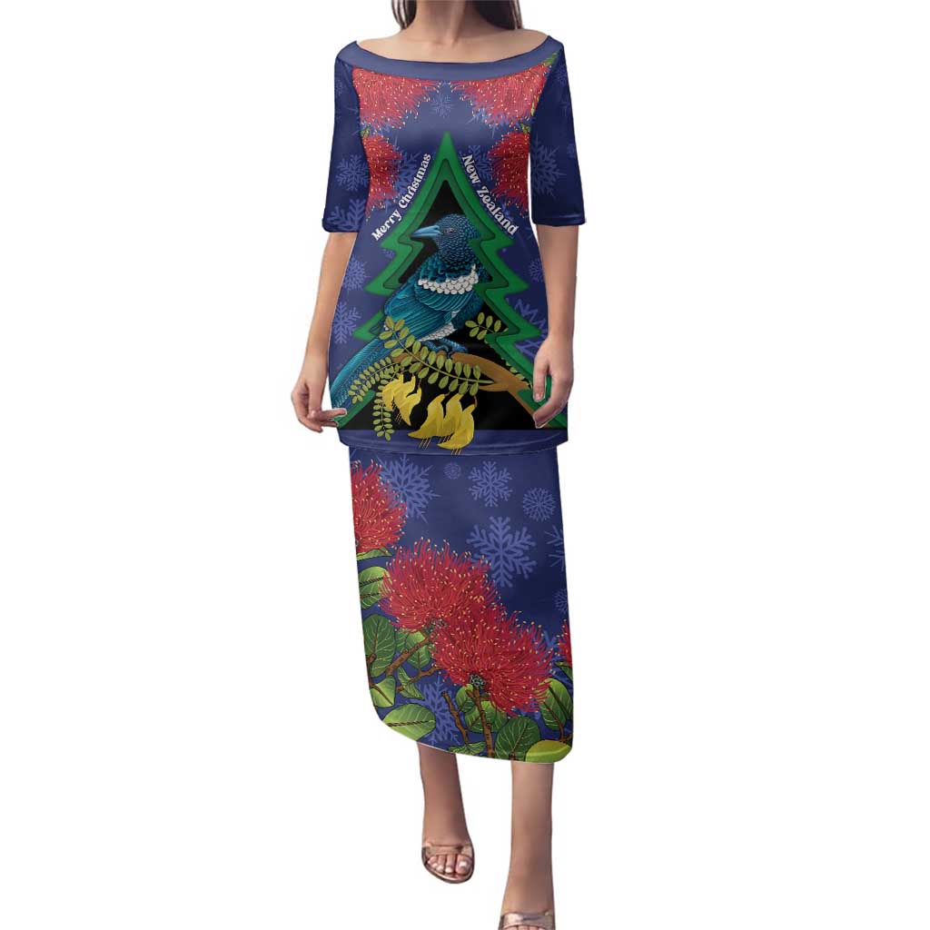 New Zealand Christmas In July Family Matching Puletasi and Hawaiian Shirt Kowhai Tui Bird With Pohutukawa - Blue LT14 Mom's Dress Blue - Polynesian Pride