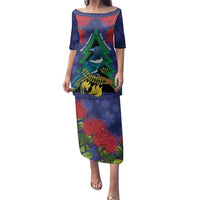 New Zealand Christmas In July Family Matching Puletasi and Hawaiian Shirt Kowhai Tui Bird With Pohutukawa - Blue LT14 Mom's Dress Blue - Polynesian Pride