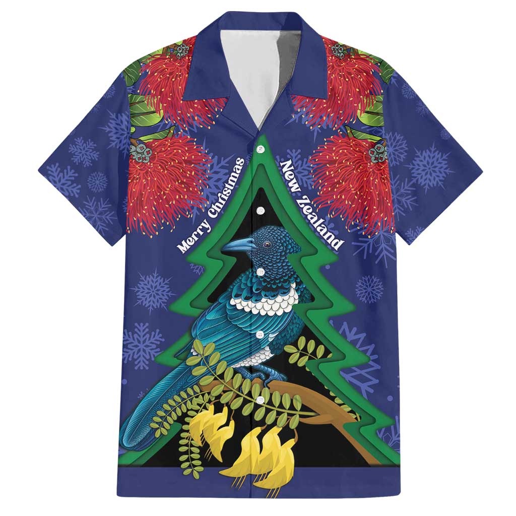 New Zealand Christmas In July Family Matching Short Sleeve Bodycon Dress and Hawaiian Shirt Kowhai Tui Bird With Pohutukawa - Blue LT14 Dad's Shirt - Short Sleeve Blue - Polynesian Pride