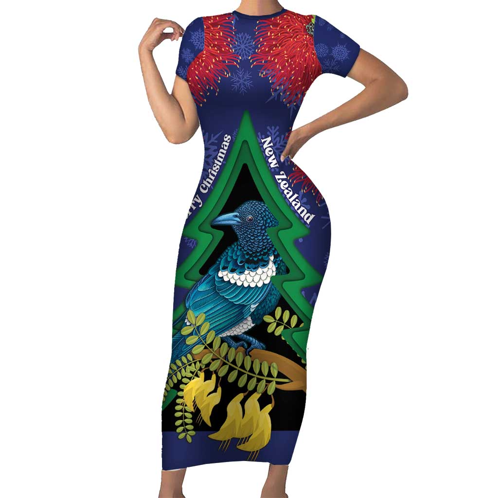 New Zealand Christmas In July Family Matching Short Sleeve Bodycon Dress and Hawaiian Shirt Kowhai Tui Bird With Pohutukawa - Blue LT14 Mom's Dress Blue - Polynesian Pride