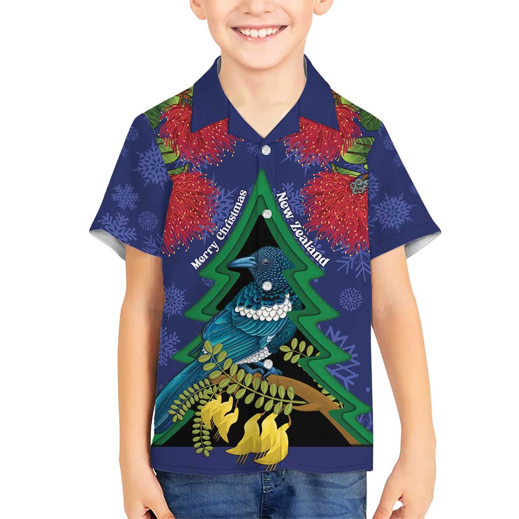 New Zealand Christmas In July Family Matching Short Sleeve Bodycon Dress and Hawaiian Shirt Kowhai Tui Bird With Pohutukawa - Blue LT14 Son's Shirt Blue - Polynesian Pride