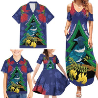New Zealand Christmas In July Family Matching Summer Maxi Dress and Hawaiian Shirt Kowhai Tui Bird With Pohutukawa - Blue LT14 - Polynesian Pride