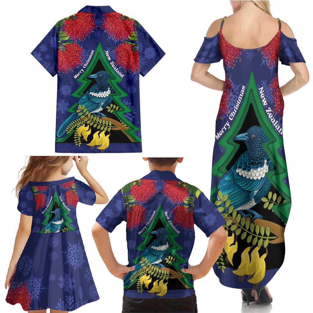 New Zealand Christmas In July Family Matching Summer Maxi Dress and Hawaiian Shirt Kowhai Tui Bird With Pohutukawa - Blue LT14 - Polynesian Pride