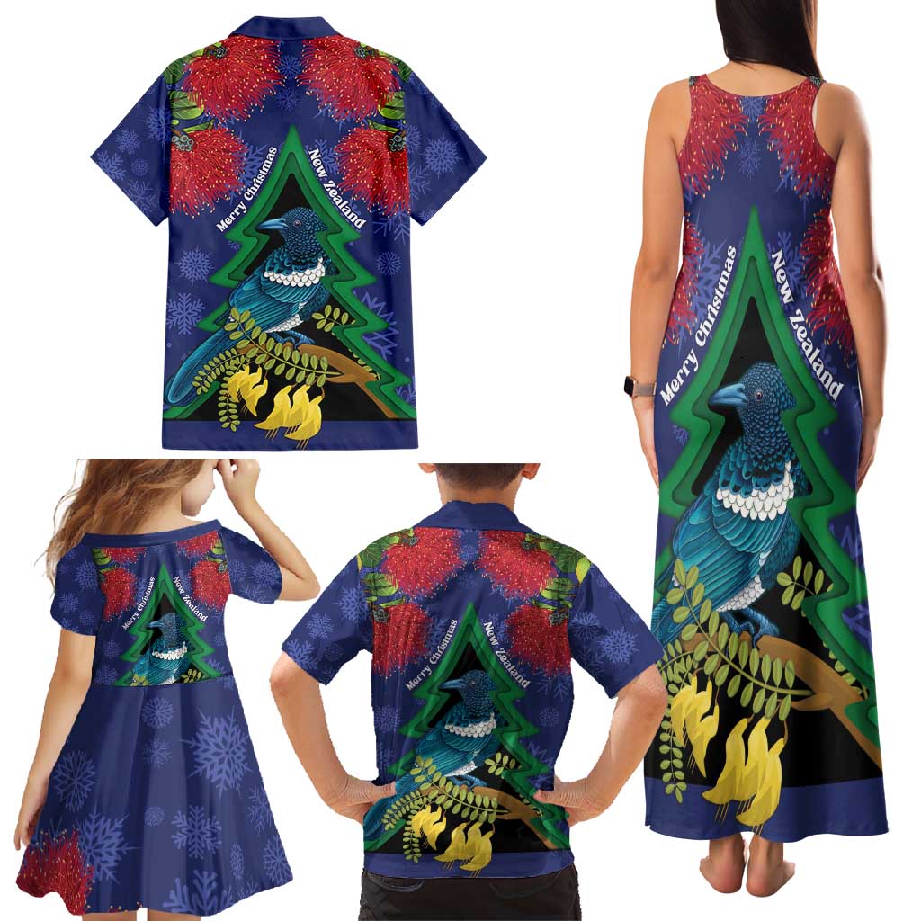 New Zealand Christmas In July Family Matching Tank Maxi Dress and Hawaiian Shirt Kowhai Tui Bird With Pohutukawa - Blue LT14 - Polynesian Pride
