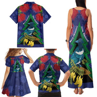 New Zealand Christmas In July Family Matching Tank Maxi Dress and Hawaiian Shirt Kowhai Tui Bird With Pohutukawa - Blue LT14 - Polynesian Pride