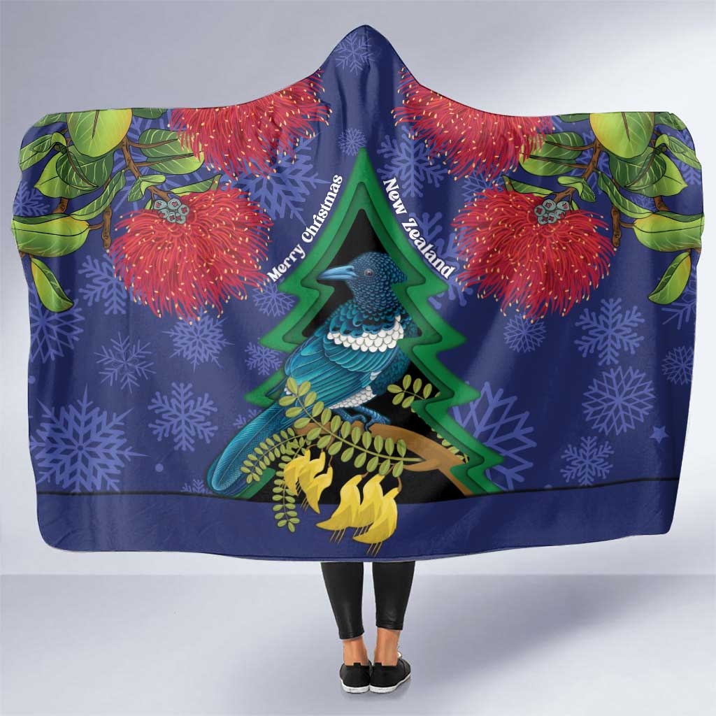 New Zealand Christmas In July Hooded Blanket Kowhai Tui Bird With Pohutukawa - Blue LT14 One Size Blue - Polynesian Pride