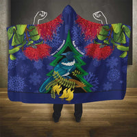 New Zealand Christmas In July Hooded Blanket Kowhai Tui Bird With Pohutukawa - Blue LT14 - Polynesian Pride