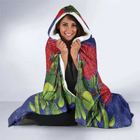 New Zealand Christmas In July Hooded Blanket Kowhai Tui Bird With Pohutukawa - Blue LT14 - Polynesian Pride