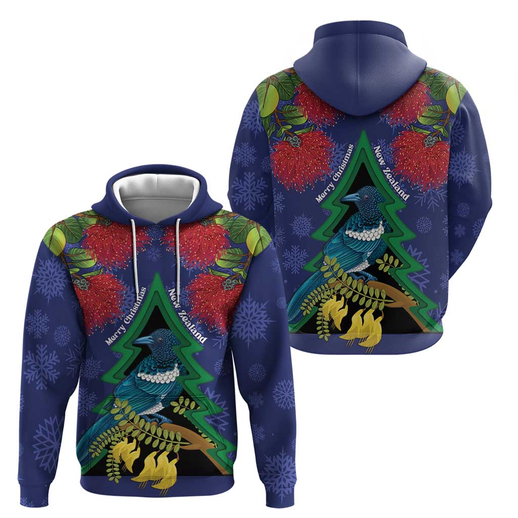 New Zealand Christmas In July Hoodie Kowhai Tui Bird With Pohutukawa - Blue LT14 - Polynesian Pride