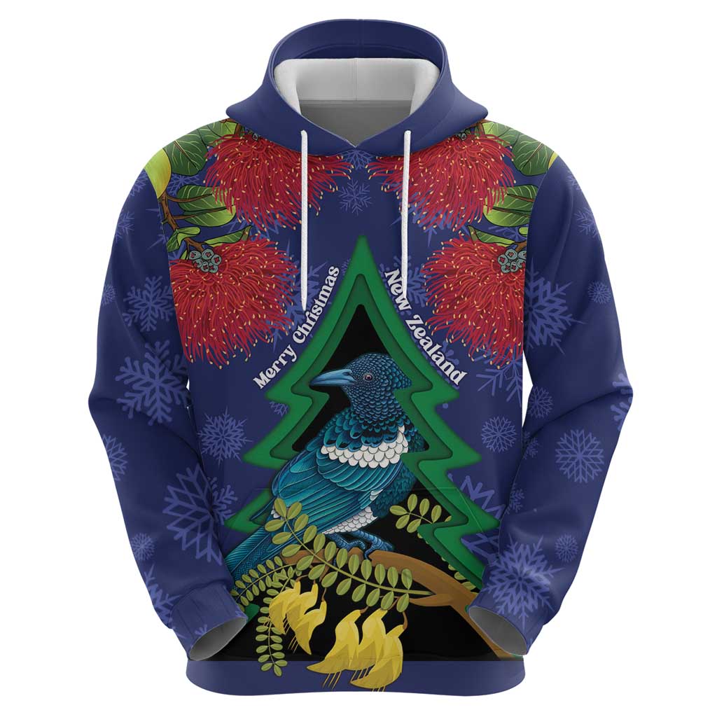 New Zealand Christmas In July Hoodie Kowhai Tui Bird With Pohutukawa - Blue LT14 - Polynesian Pride