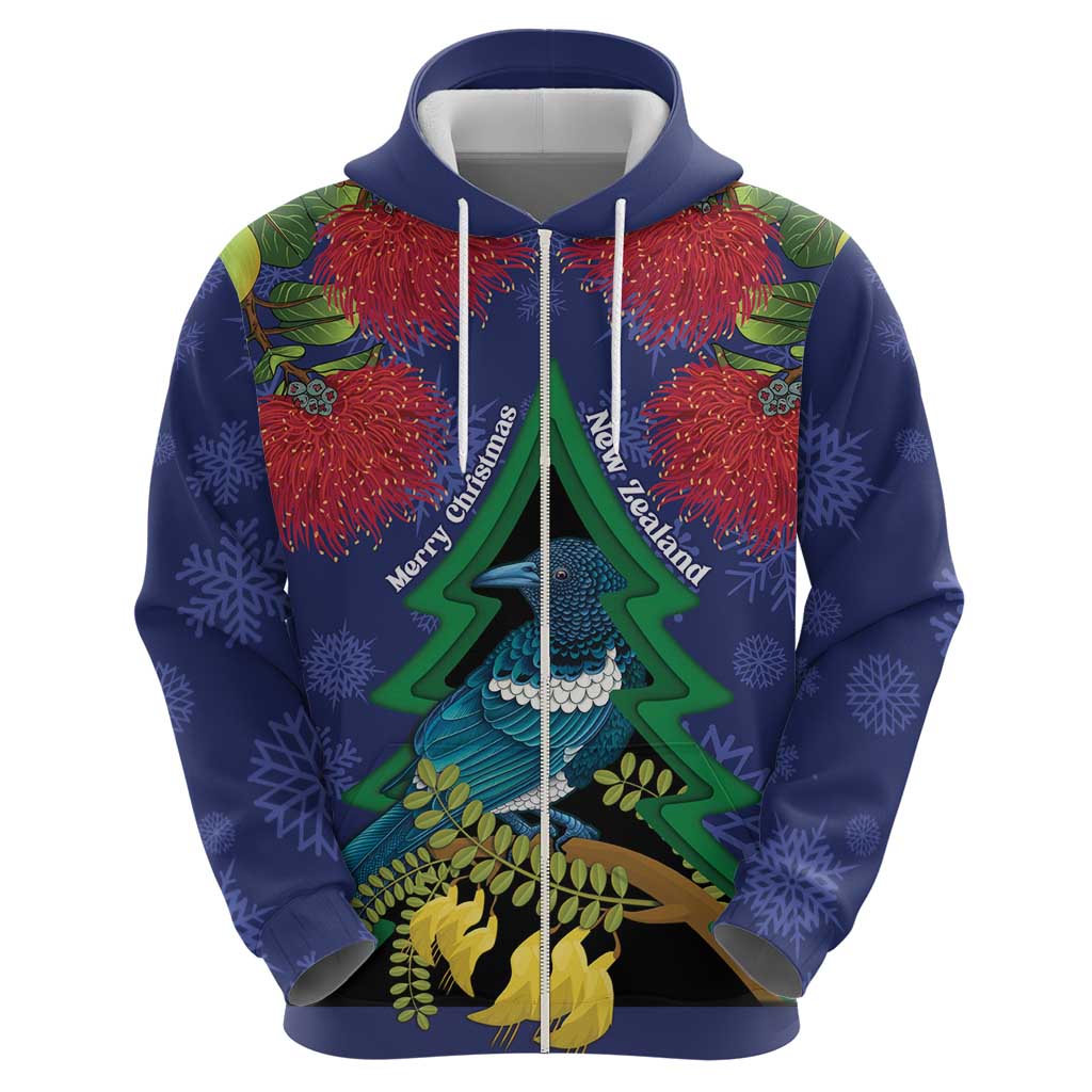 New Zealand Christmas In July Hoodie Kowhai Tui Bird With Pohutukawa - Blue LT14 - Polynesian Pride