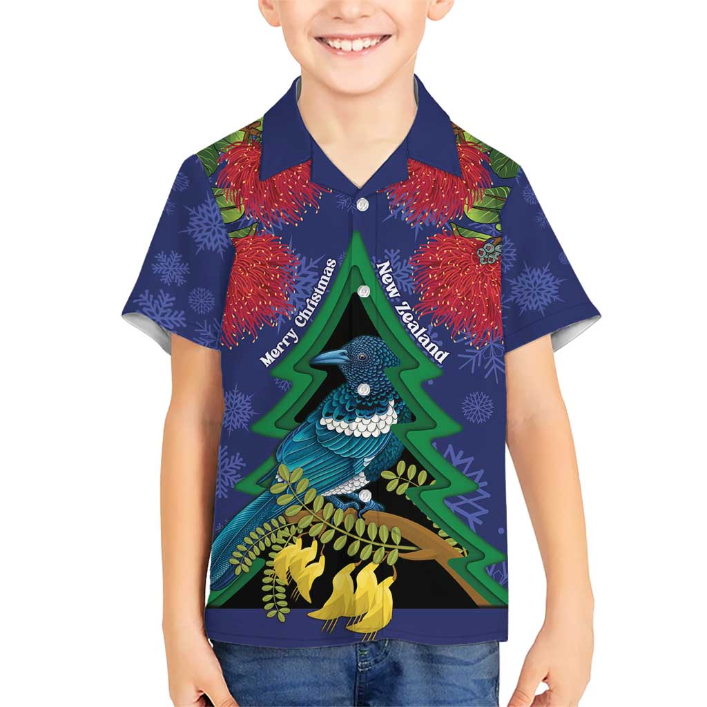New Zealand Christmas In July Kid Hawaiian Shirt Kowhai Tui Bird With Pohutukawa - Blue LT14 Kid Blue - Polynesian Pride