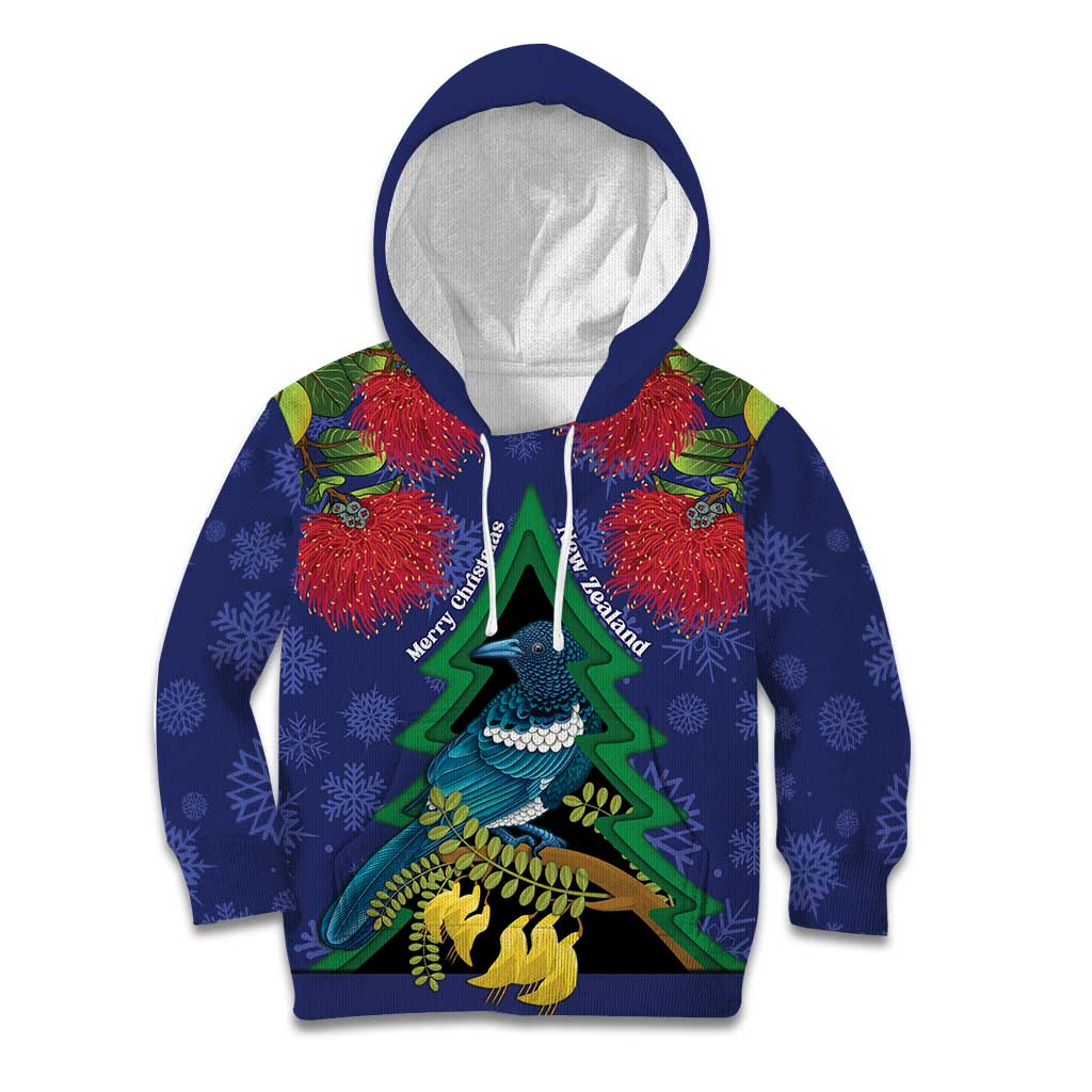 New Zealand Christmas In July Kid Hoodie Kowhai Tui Bird With Pohutukawa - Blue LT14 Hoodie Blue - Polynesian Pride